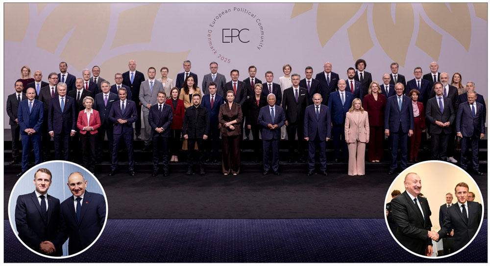 Քոփենհակի գագաթաժողովի մասնակիցները, փոքր դրուագներուն մէջ՝ Մաքրոն Փաշինեանի (ձախին) եւ Ալիեւի հետ